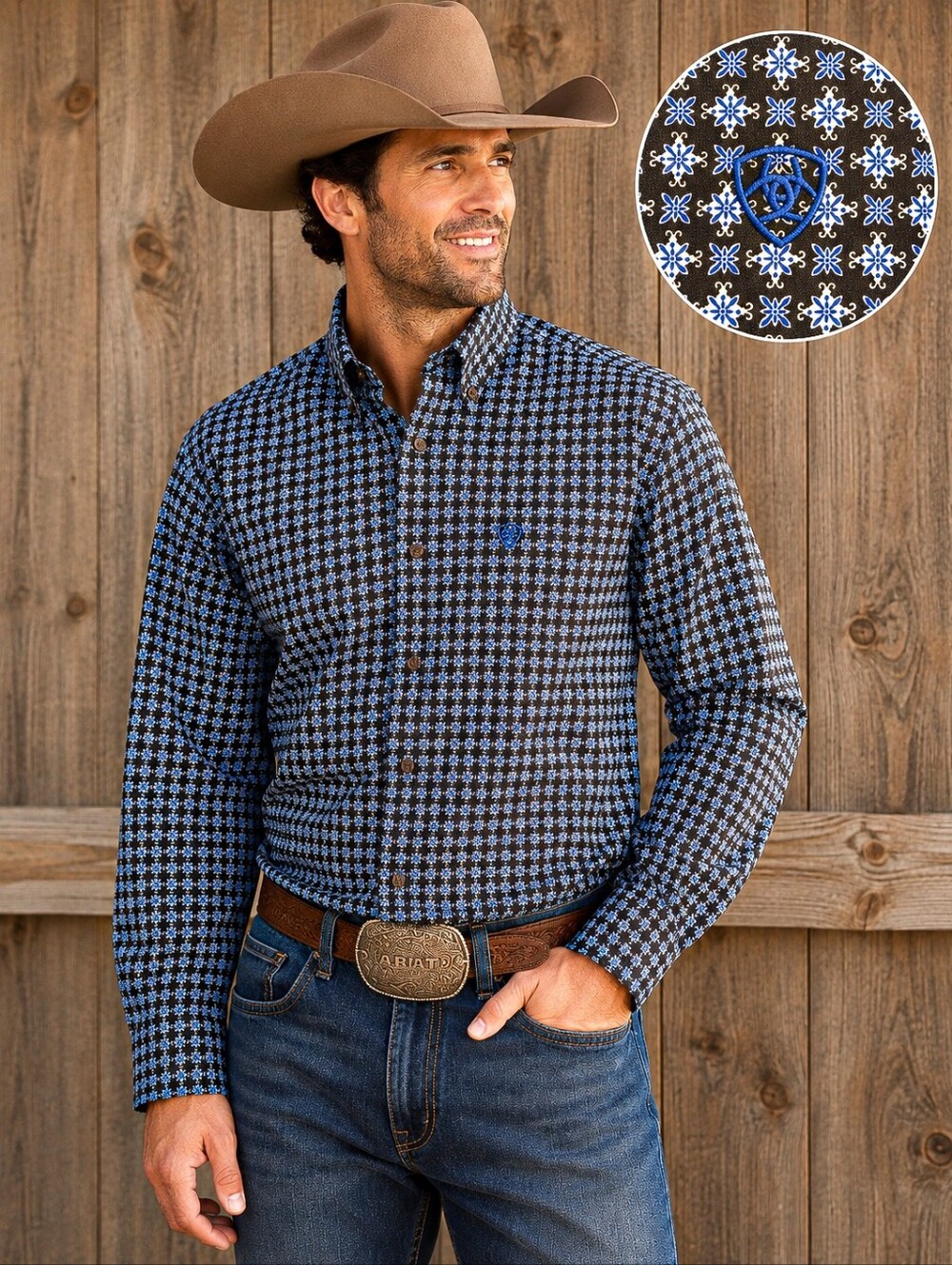 Ariat Brown Blue Medallion Print Western Ranch Rodeo Shirt Mens Large